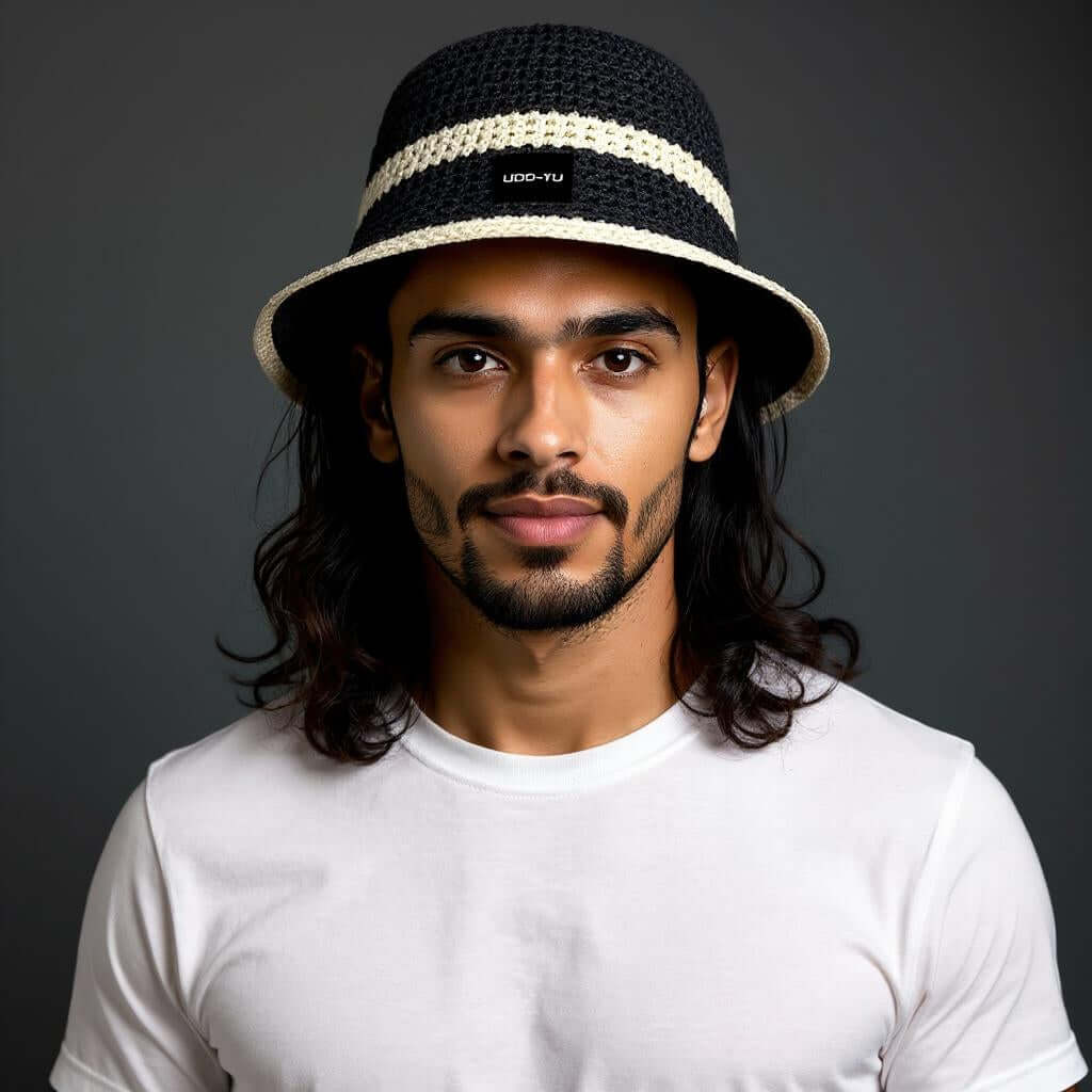 Man wearing a handmade crochet bucket hat with a black and white design, showcasing a stylish summer look.