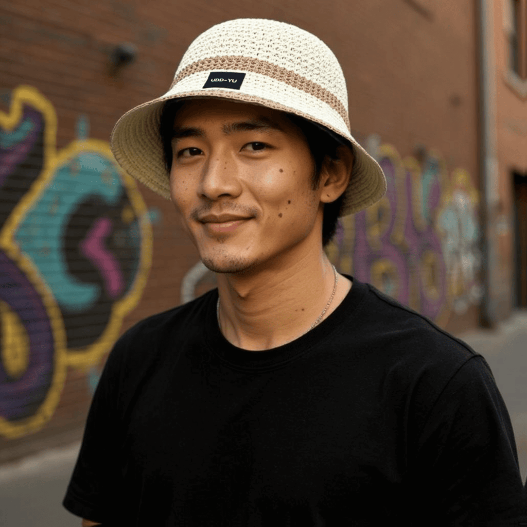 Stylish man wearing a handmade crochet bucket hat against a vibrant graffiti wall background.