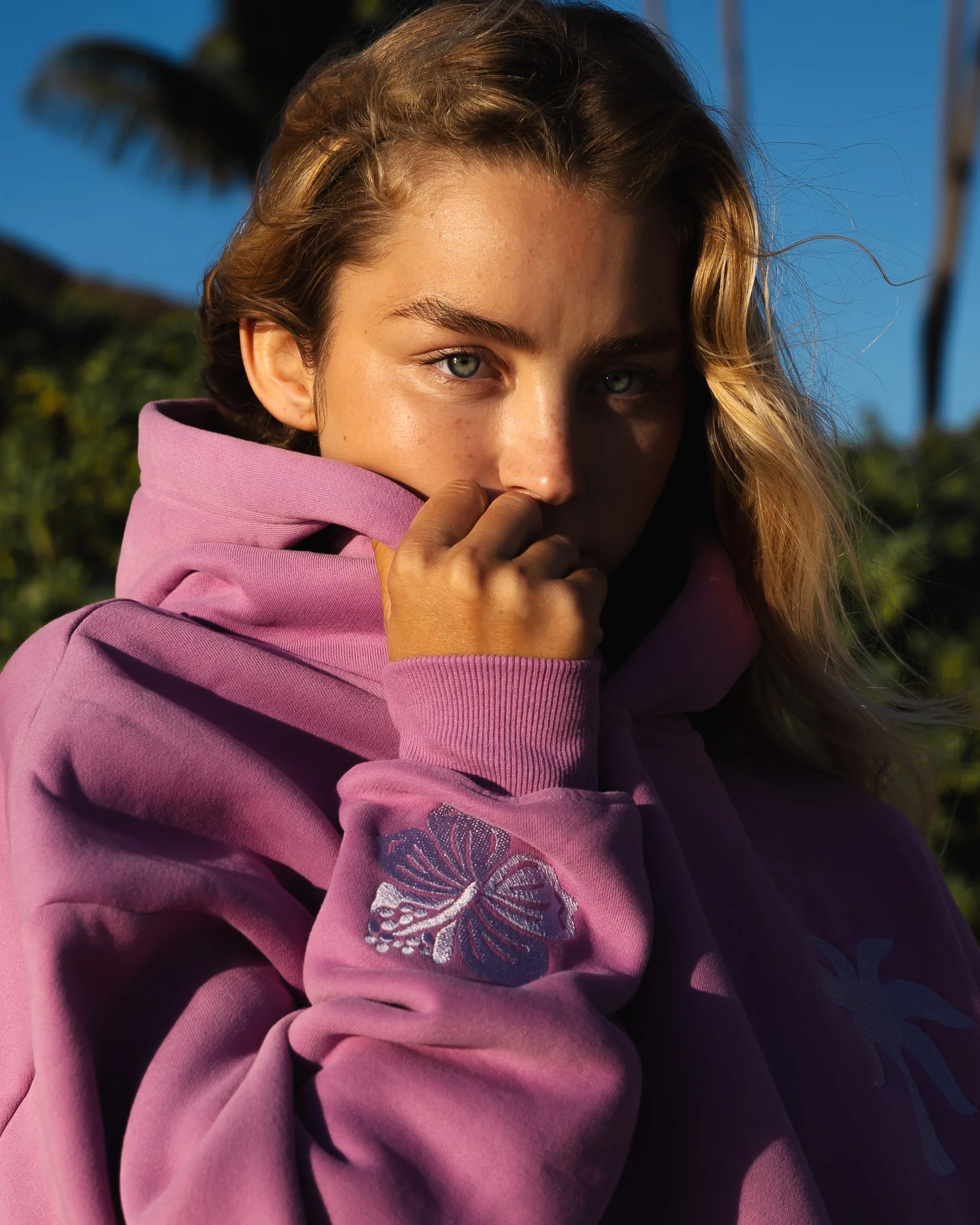 Pink Palm Puff Hoodie - Everything Comes in Waves Açai