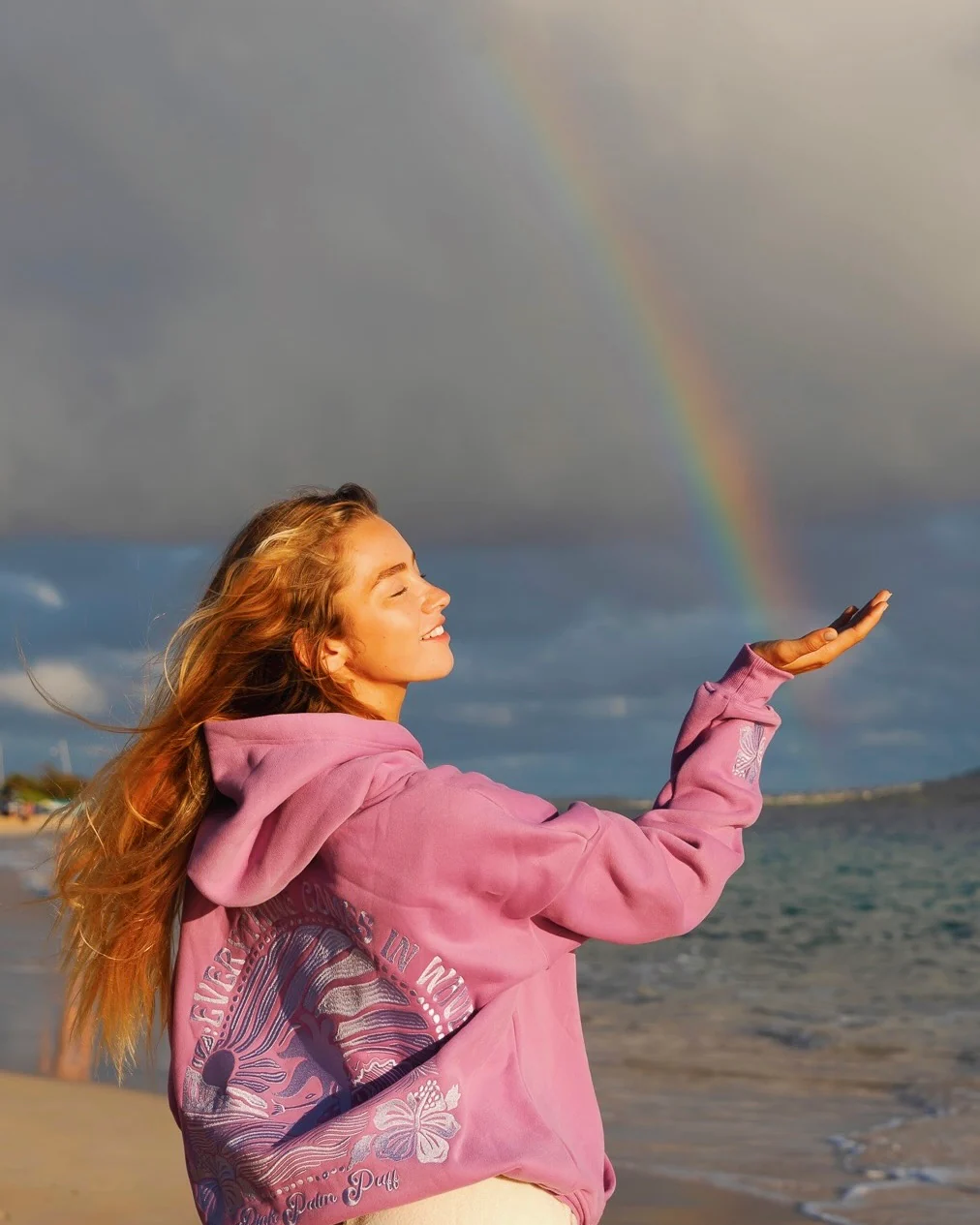 Pink Palm Puff Hoodie - Everything Comes in Waves Açai