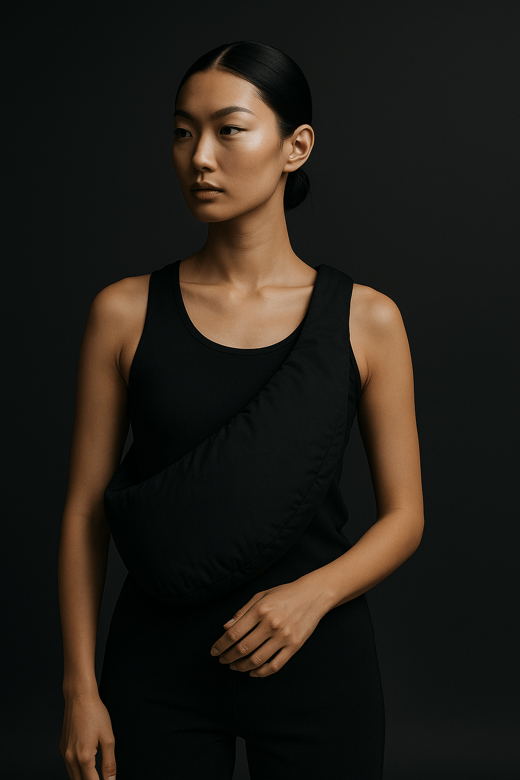 Minimalist Luxe Cross-Body Bag worn by model in black attire, highlighting sleek design and utility.